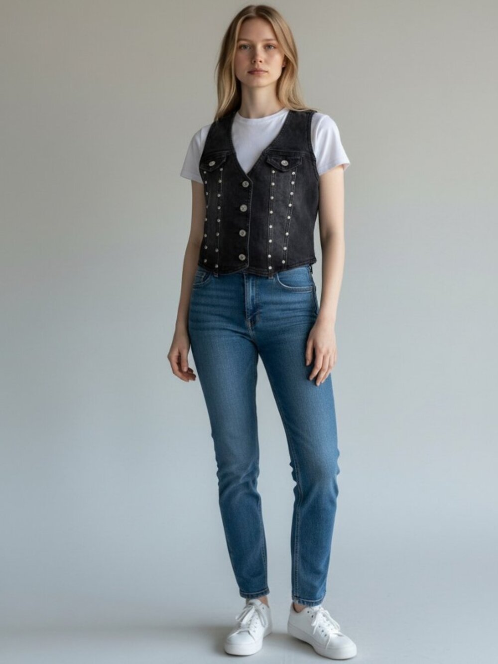 Madden NYC Women's Studded Vest Stretch Denim XXS Black Pointed Hem with Buttons - Picture 2 of 7